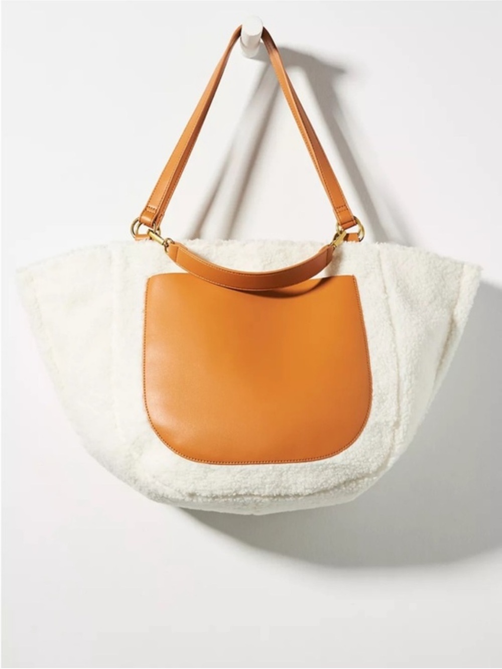 Anthropologie weekender Bag with Tan Leather Pocket and Ivory Sherpa Body